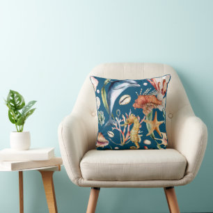 Nautical Aquatic Life Pattern / Blue Kussen