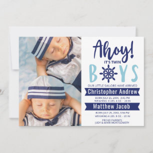 Nautical Baby Birth Photo Ahoy is Twin Boys Anno Aankondiging