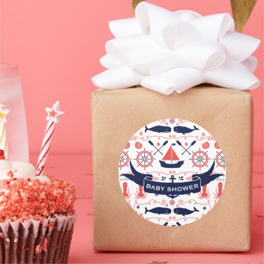 Nautical Baby Boy Baby shower Koraal Marine Octopu Ronde Sticker (Feest)