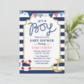Nautical Baby Boy Shower Gold Anchor Navy Stripes Kaart (Staand voorkant)