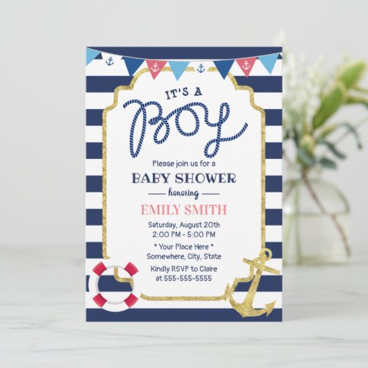 Nautical Baby Boy Shower Gold Anchor Navy Stripes Kaart (Staand voorkant)