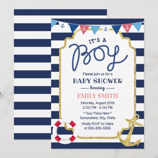 Nautical Baby Boy Shower Gold Anchor Navy Stripes Kaart (Voorkant / Achterkant)