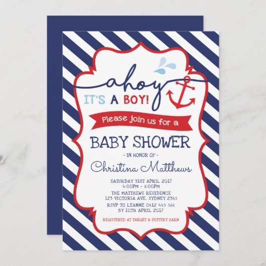 Nautical Baby shower Invitation Ahoy Het is een jo Kaart (Voorkant / Achterkant)