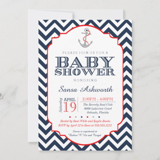 Nautical Baby shower Invitation, Chevron red marin Kaart (Voorkant)