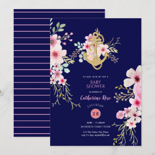 Nautical Baby Shower Uitnodiging Navy Blauwe Roze
