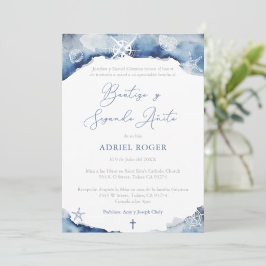 Nautical Baptism 2e verjaardag Party in Spaans Kaart (Staand voorkant)