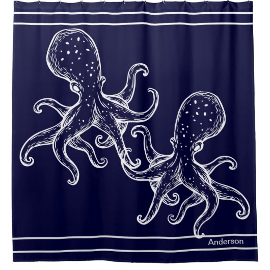 Nautical Bathroom Navy Blue Octopus Bath S Douchegordijn (Voorkant)