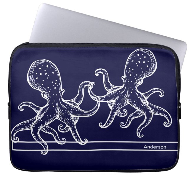 Nautical Bathroom Navy Blue Octopus Laptop Sleeve (Voorkant)