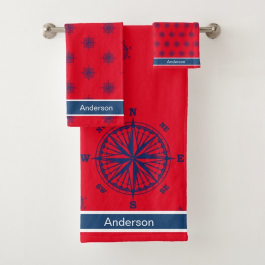 Nautical Bathroom Red White Navy Blue Compass Bad Handdoek (Insitu)