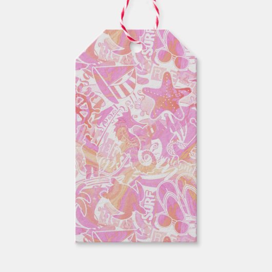 Nautical Beach Collage Hot Pink ID840 Cadeaulabel (Voorkant)