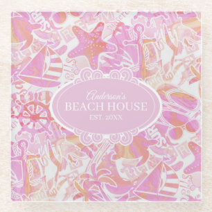 Nautical Beach Collage Hot Pink ID840 Glazen Onderzetter