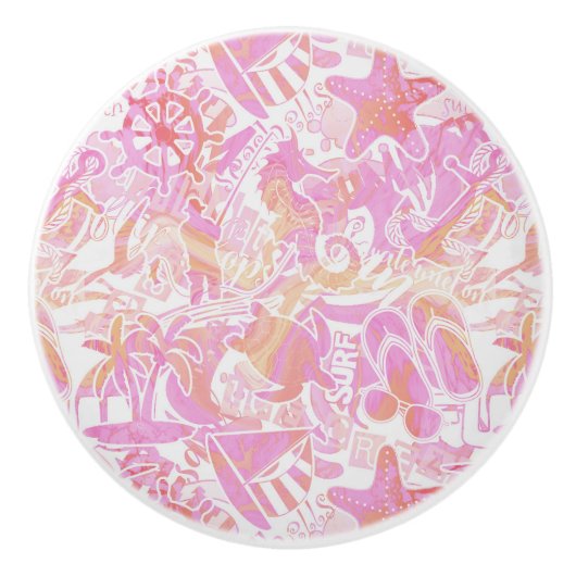 Nautical Beach Collage Hot Pink ID840 Keramische Knop (Voorkant)