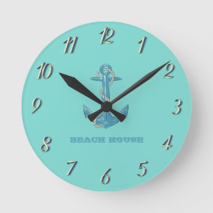 Nautical Beach House, Anchor, Rope, Mint Green Ronde Klok