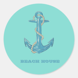 Nautical Beach House, Anchor, Rope, Mint Green Ronde Sticker