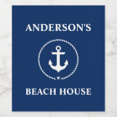 Nautical Beach House Naam Anker Navy Blue Wijn Etiket (Enkel label)
