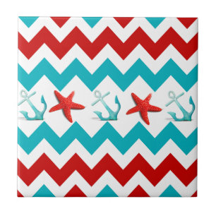 Nautical Beach Red Blauwgroen Chevron Anchors Star Tegeltje