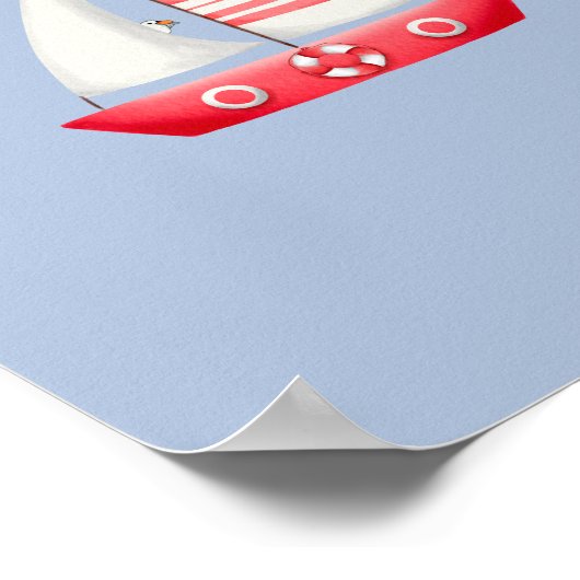 Nautical Beach Red Sailboat With Seagulls Nursery Poster (Hoek)