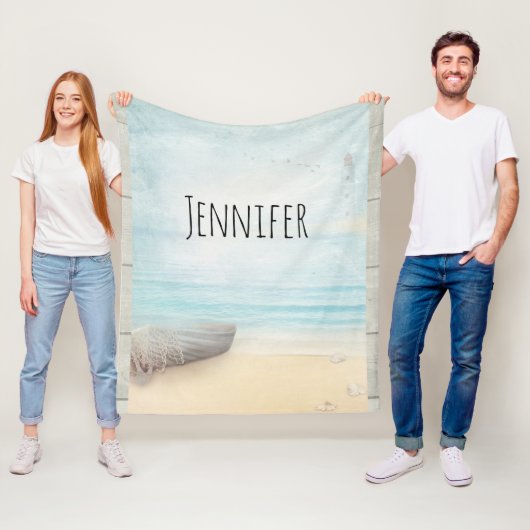 Nautical Beach Scène met roeiboot & Gevist net Fleece Deken (In situ)