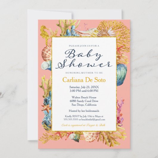 Nautical Beach Schelp Baby Shower Uitnodiging (Voorkant)