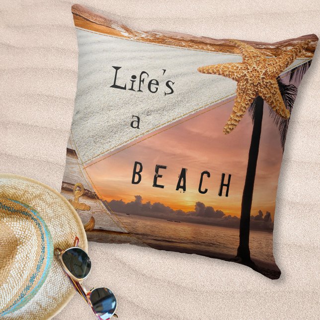 Nautical Beach Scrapbook Sunset Pillow Kussen (Scrapbook style pillow featuring different beach scenes with sand, sunset, starfish and surf)
