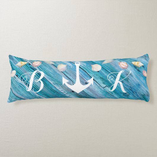 Nautical Beach Shells Monogrammed Blue Wood Body P Lichaamskussen (Voorkant)
