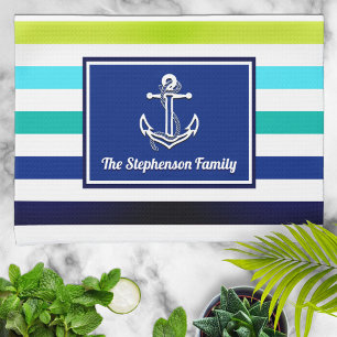 Nautical Beach Stripes familienaam gepersonaliseer Theedoek