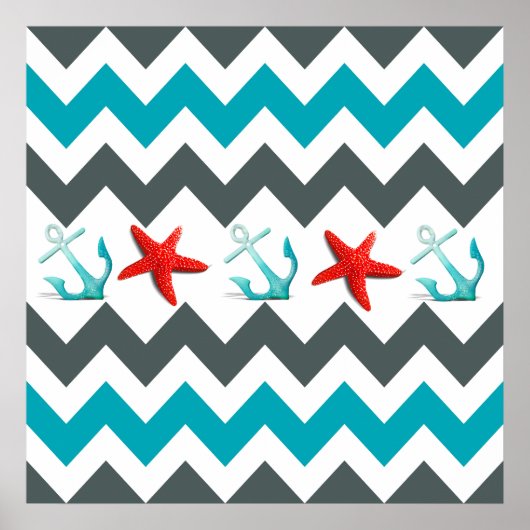 Nautical Beach Theme Chevron Anchors Starfish Poster (Voorkant)