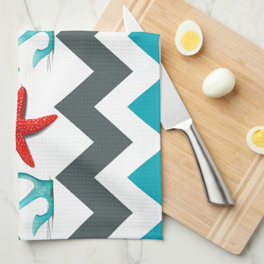 Nautical Beach Theme Chevron Anchors Starfish Theedoek (Quarter Fold)
