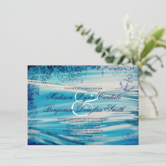 Nautical Beach Theme Ocean Blue Weddenschap Uitnod Kaart (Staand voorkant)
