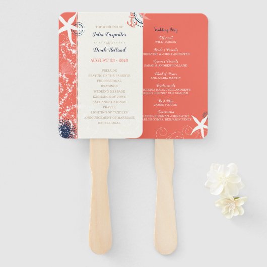 Nautical Beach Wedding Programme Coral & Navy Handwaaier (Voorkant en achterkant)