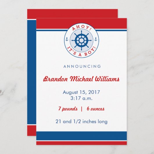Nautical Birth Announement, Boy Aankondiging (Voorkant / Achterkant)