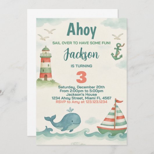 Nautical Birthday Party Invitation (Devant / Derrière)
