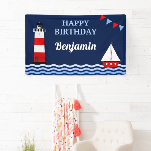 Nautical Birthday Party (vuurtoren en zeilboot) Spandoek (Insitu)