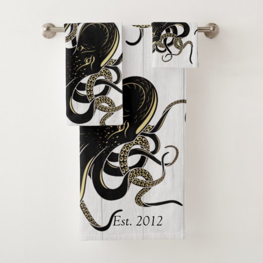 Nautical Black Octopus Coastal White Wood Bad Handdoek (Insitu)