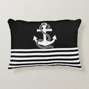 Nautical Black White Stripes and White Anchor Accent Kussen