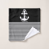 Nautical Black White Stripes and White Anchor Bad Handdoek (Wasdoekje)