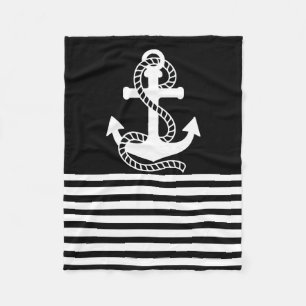 Nautical Black White Stripes and White Anchor Fleece Deken