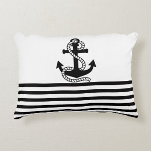 Nautical Black White Stripes en Black Anchor Decoratief Kussen