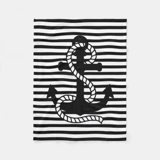 Nautical Black White Stripes en Black Anchor Fleece Deken (Voorkant)