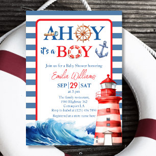 Nautical Blauw Rode Whimsical Ahoy Jongen Baby Sho Kaart
