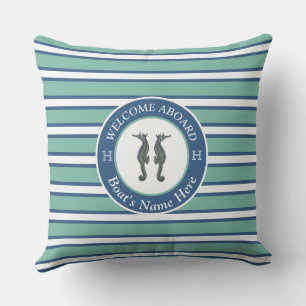Nautical Blauwgroen Blue en White Striped Seahorse Buitenkussen