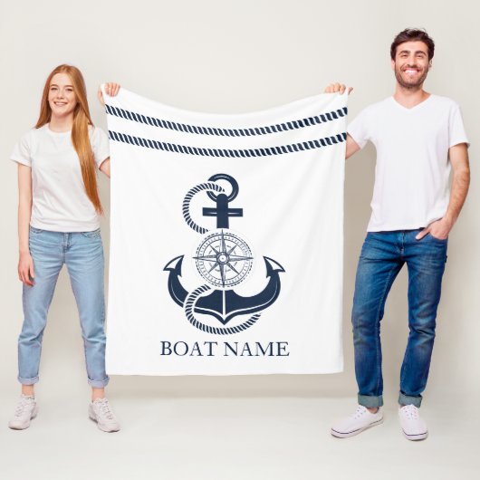 Nautical Blue Anchor Boat Name Fleece Deken (In situ)