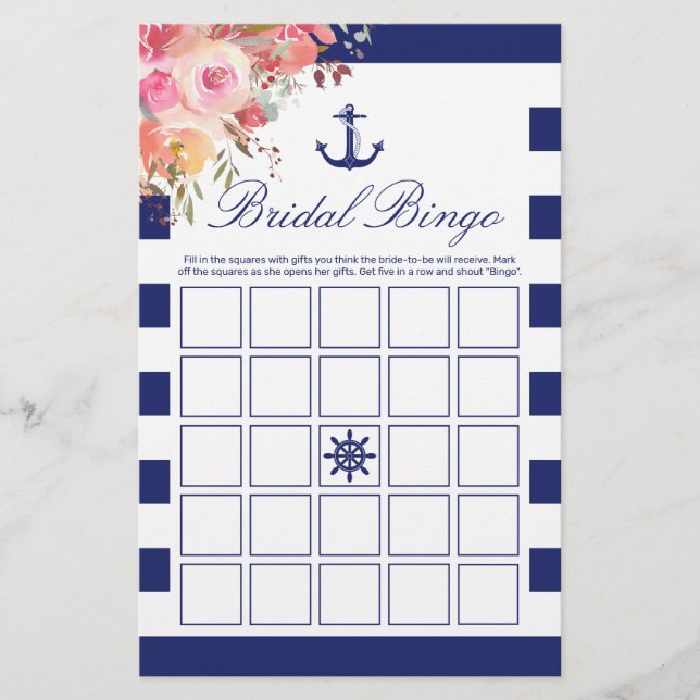 Nautical Blue Anchor Floral Bingo Game (Voorkant)