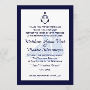 Nautical Blue Anchor Monogram Wedding Invitations Kaart