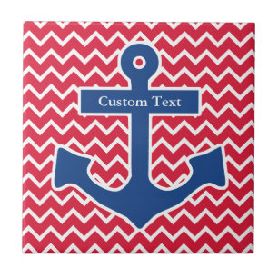 Nautical Blue Anchor op Red Chevron Achtergrond Tegeltje