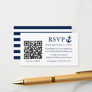 Nautical Blue Anchor RSVP QR Striped Informatiekaartje