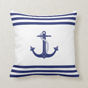 Nautical Blue Anchor Simple Navy and White Stripes Kussen