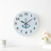 Nautical Blue Anchor Stripe Preppy Large Clock Grote Klok (Huis)