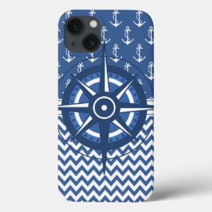 Nautical Blue and White Anchor and Chevron Pattern iPhone 13 Hoesje