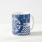Nautical Blue and White Chevron en Anchor Pattern Koffiemok (Voorkant rechts)